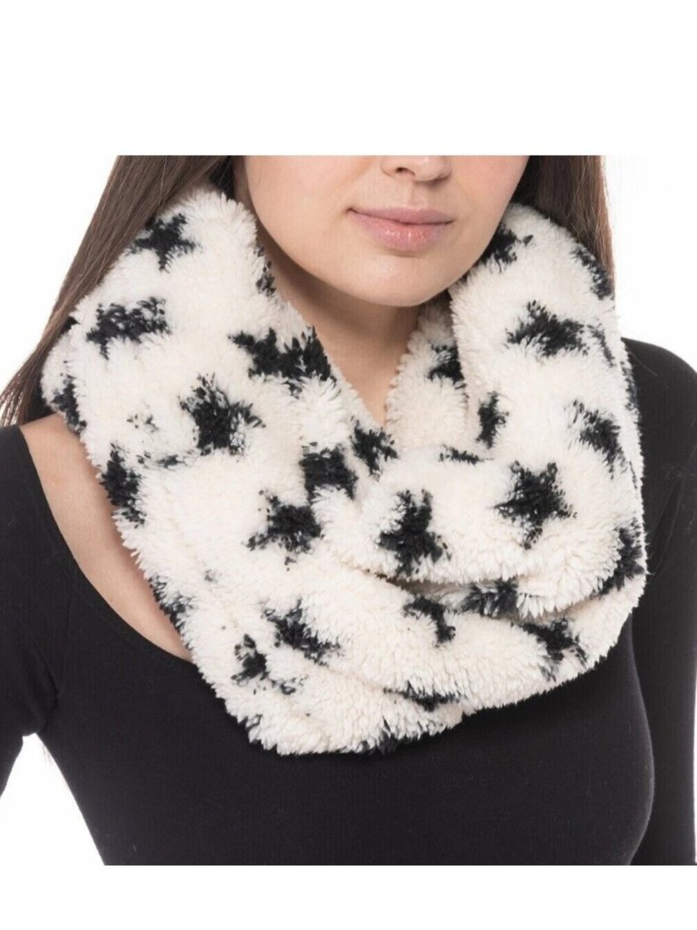 Jenni Women's Twisted Faux Fur Sherpa Cowl Scarf, White Black Stars, One Size